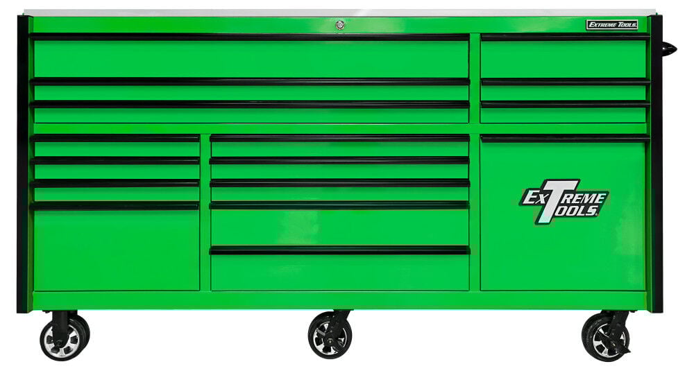 Extreme Tools RX Series 84 Inch W x 30 Inch D 15 Drawer plus Power Tool Drawer Roller Cabinet 250 lb Slides with Black Drawer Pulls – RXQ843016RCGNBK