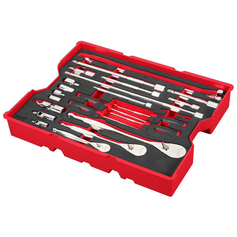 Milwaukee 1/4 Inch, 3/8 Inch, & 1/2 Inch Drive Ratchet and Accessory Set with Tray for PACKOUT Drawers 23 Pieces, large image number 1