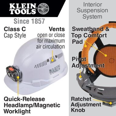 Klein Tools Hard Hat Vented Cap Style with Rechargeable Headlamp White, large image number 1