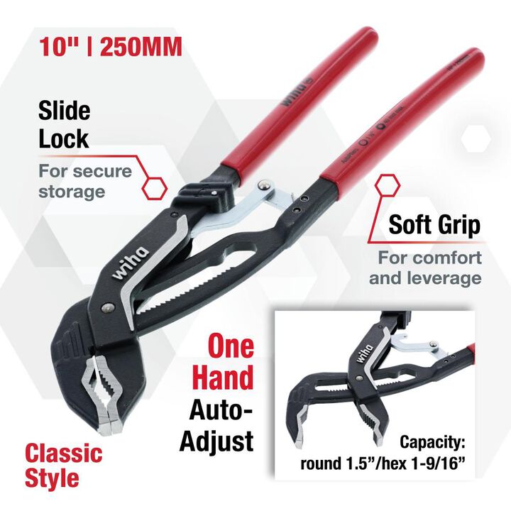 Wiha Classic Auto Grip V Jaw Tongue & Groove Pliers 10in, large image number 1