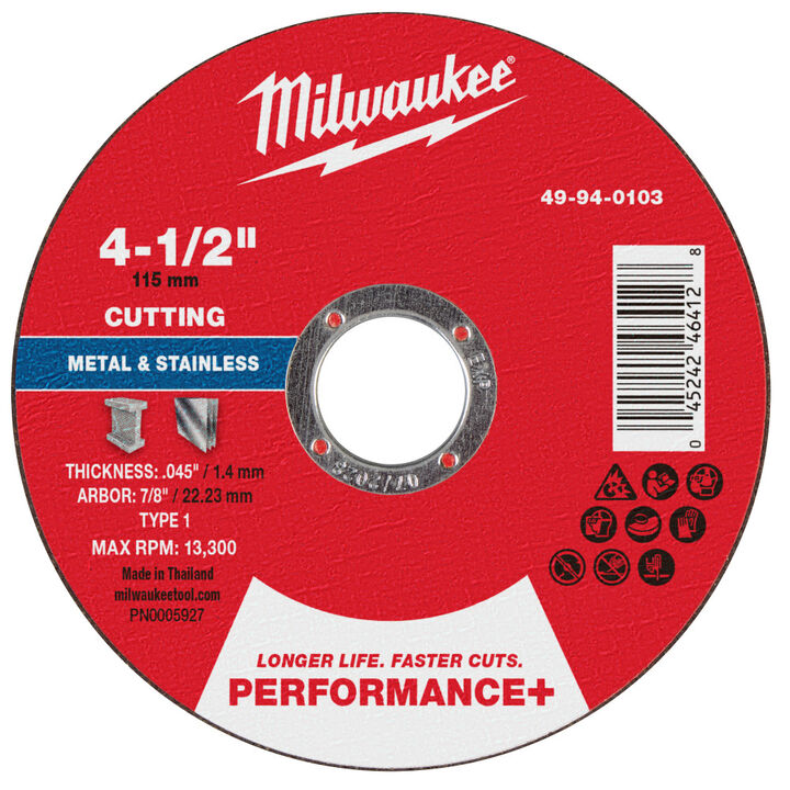 Milwaukee 4-1/2 Inch x .045 Inch x 7/8 Inch Performance+ Metal Cut Off Wheel Type 1