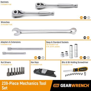 GEARWRENCH 239 Piece Mechanics Tool Set in 3 Drawer Storage Box, large image number 6