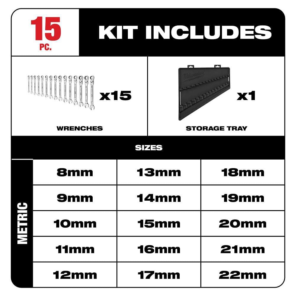 Milwaukee Combination Wrench Set Metric Flex Head Ratcheting 15pc 48 22 9513 - Image 2