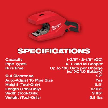 Milwaukee M12 Brushless 1-1/4 Inch to 2 Inch Copper Tubing Cutter Cordless (Bare Tool), large image number 9