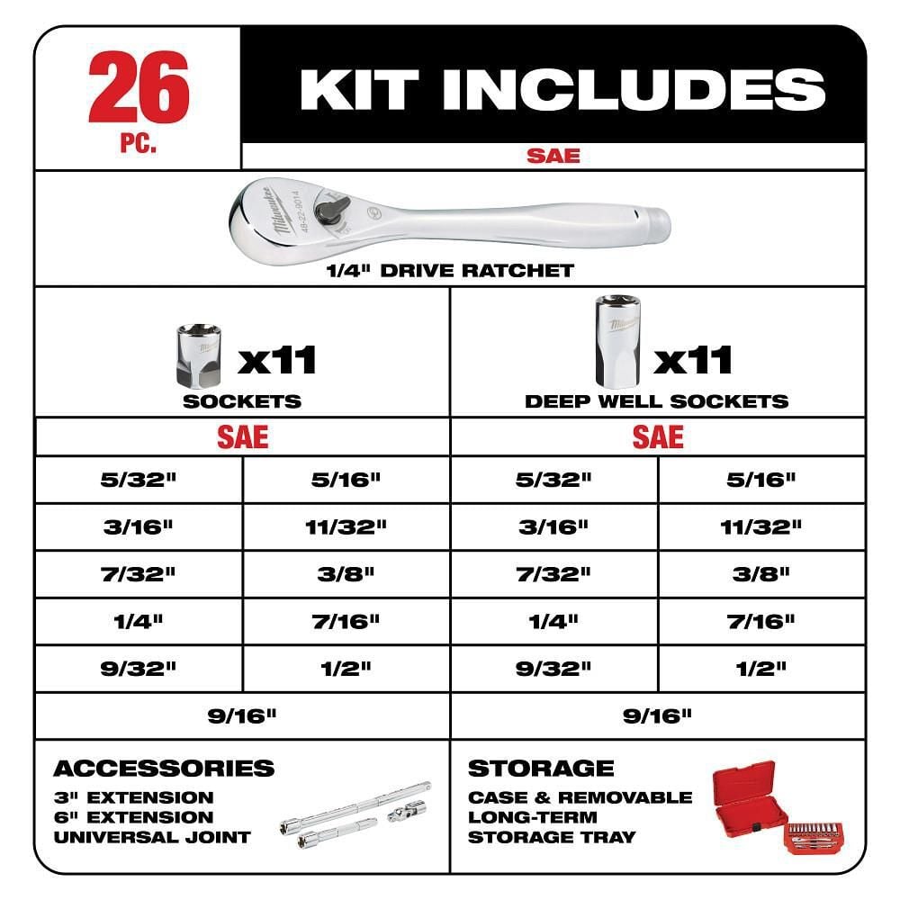 Milwaukee 1/4 in. Drive 26 pc. Ratchet & Socket Set - SAE, large image number 2