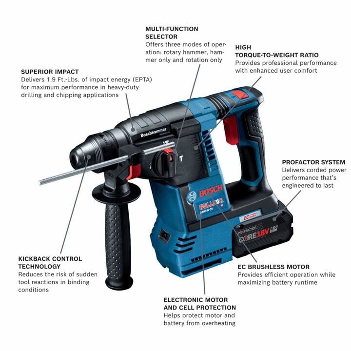 Bosch 18V SDS Plus Bulldog 1in Rotary Hammer Kit with Dust Collection Attachment, large image number 1