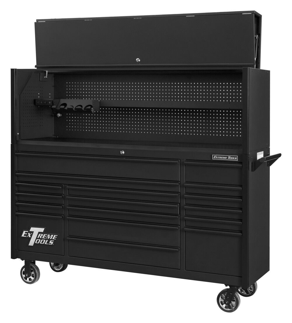 Extreme Tools DX Series 72 Inch W x 21 Inch D Extreme Power Workstation Hutch and 17 Drawer Roller Cabinet Combo Matte Black with Black Drawer Pulls, large image number 3