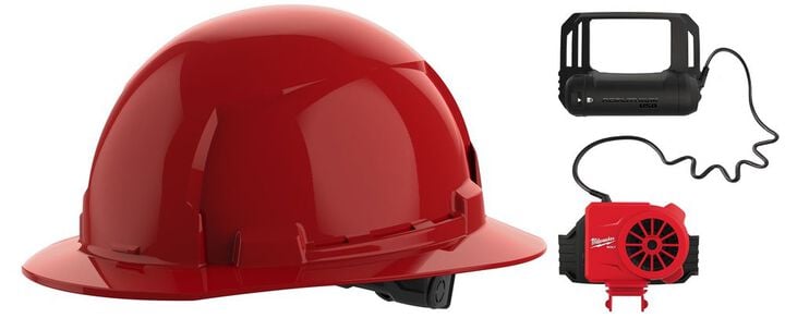 Milwaukee BOLT Red Full Brim Hard Hat with 6pt Ratcheting Suspension Type 1 Class E & USB Cooling Fan Bundle