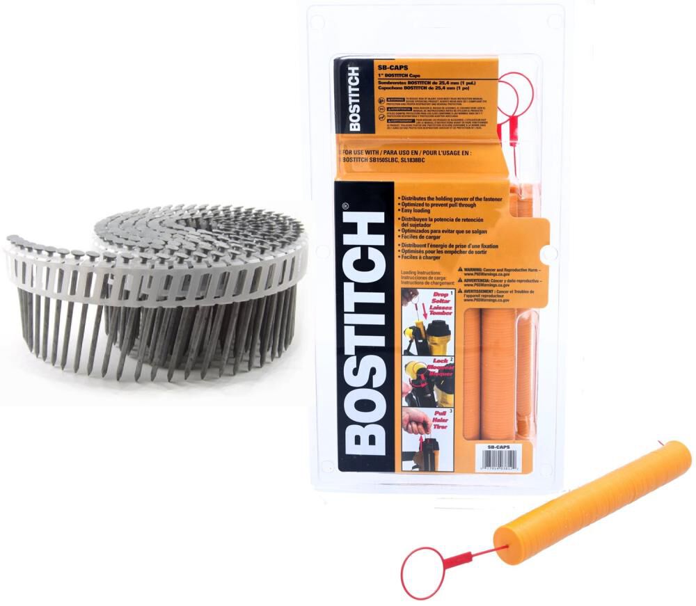 Acme Tools B&C Eagle 1-1/2 Inch x .092 Plastic Collated Hot Dipped Galvanized Smooth Shank Coil Siding Nails 6,000 Piece & Bostitch 6,000 Piece Stapler And Nailer Caps Bundle, large image number 1