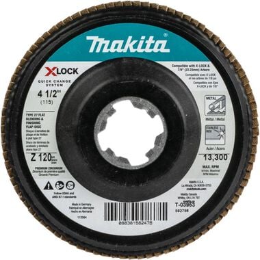 Makita X-LOCK 41/2in 120 Grit Type 27 Flat Blending and Finishing Flap Disc for X-LOCK and All 7/8in Arbor Grinders