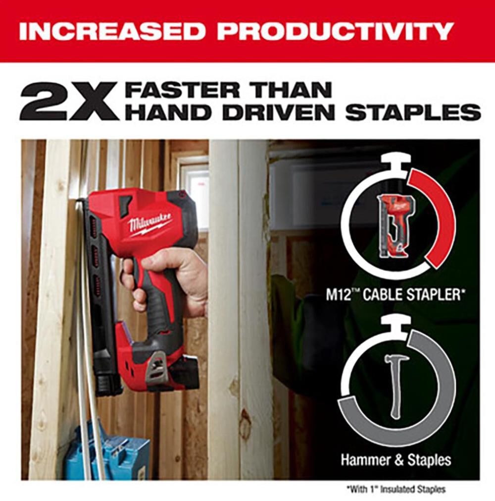 Milwaukee M12 Cable Stapler Kit with 1inch Insulated Cable Staples 600qty Bundle 244821MNM1