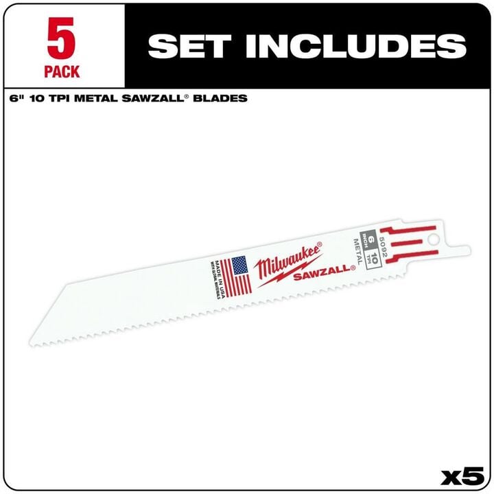 Milwaukee 6 in. 10 TPI Thin Kerf SAWZALL Blades 5PK, large image number 1