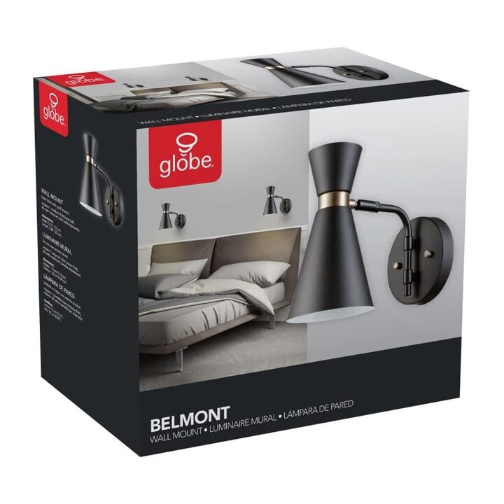 Globe Electric Belmont Wall Sconce Satin Black Hourglass 1 Light, large image number 2