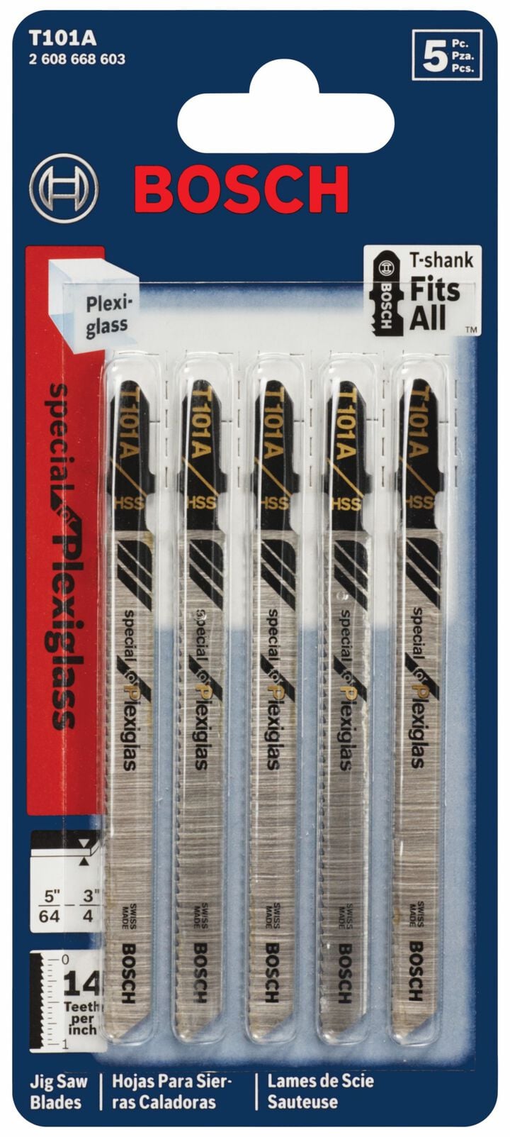 Bosch 4 Inch 14 TPI Plexiglas Cutting T-Shank Jig Saw Blade 5 Piece, large image number 1