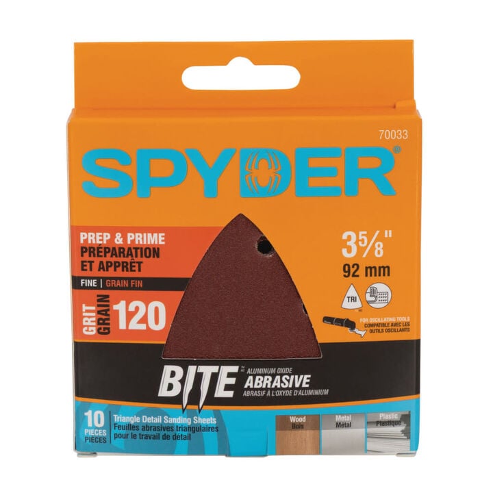 Spyder Detail Sander Triangle, 120 Grit Alum Oxide, 3-5/8 Inch Mouse, 10 Pieces
