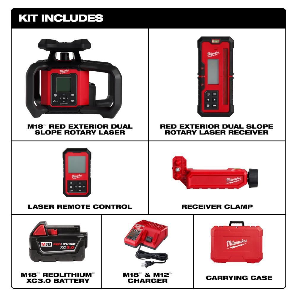Milwaukee M18 Red Exterior Dual Slope Rotary Laser Level Kit with Receiver & Remote, large image number 3