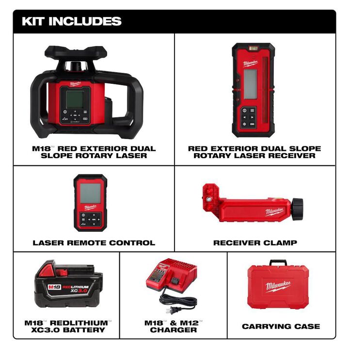 Milwaukee M18 Red Exterior Dual Slope Rotary Laser Level Kit with Receiver & Remote, large image number 2