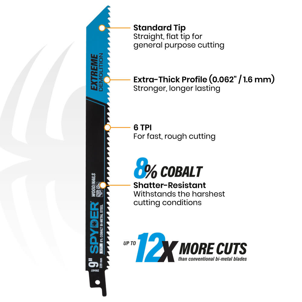 Spyder 9 Inch 6 TPI Bi-Metal Demolition Reciprocating Saw Blade, large image number 2
