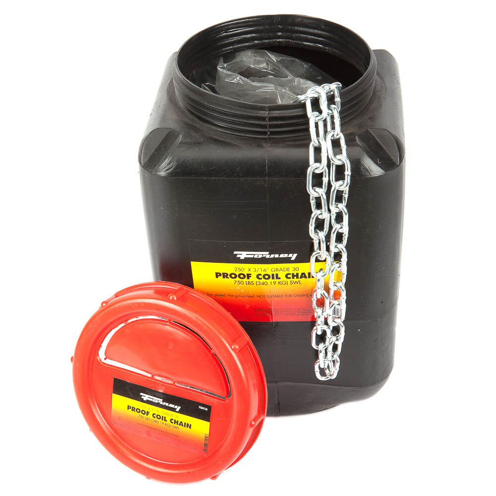 Forney Industries Bucket of Chain, Grade 30 (G30) Proof Coil Chain, Zinc-Plated, 3/16 Inch x 250 Ft. (DOT Approved Tow Chain) – 70410