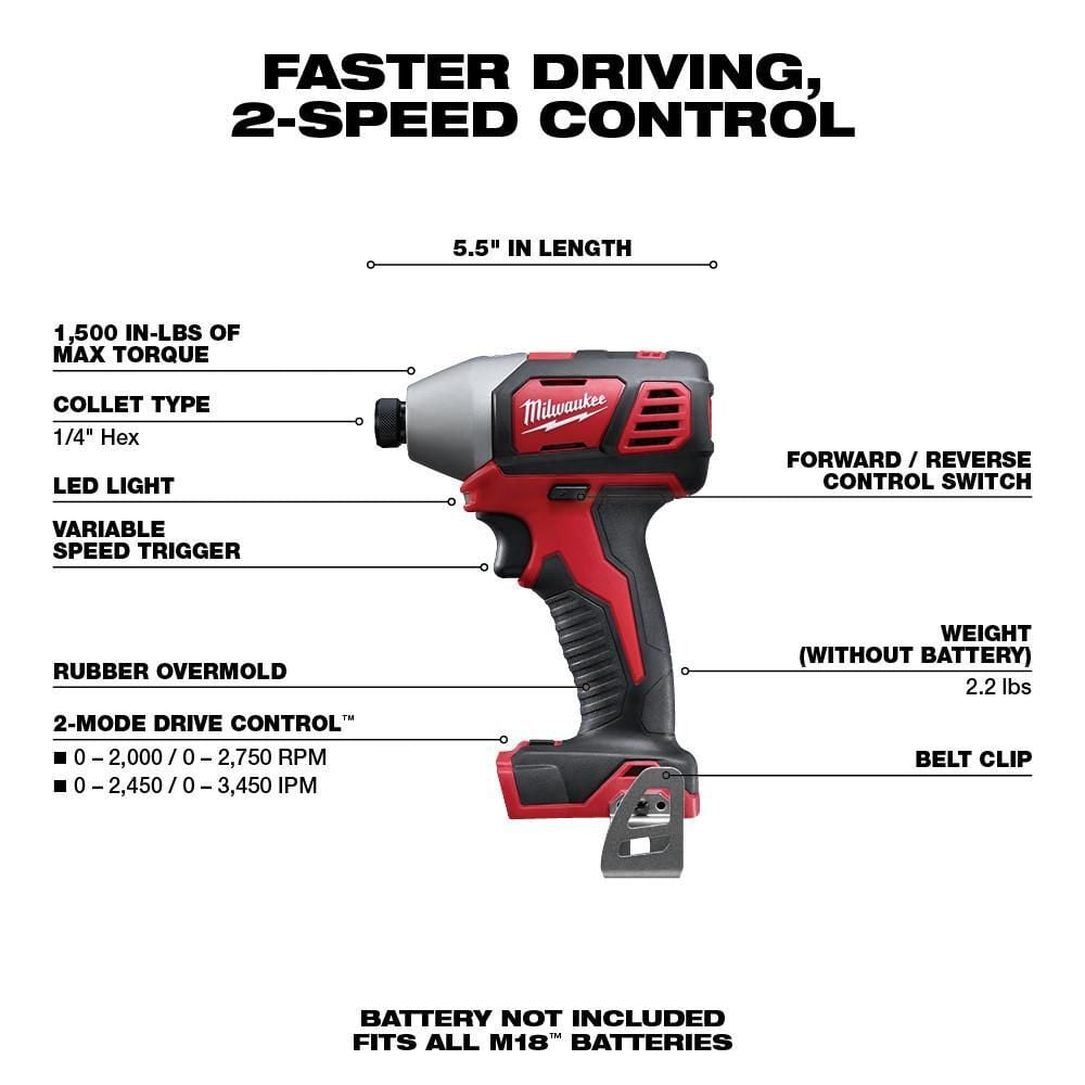 Milwaukee M18 2 Speed 1/4 Hex Impact Driver - (Bare Tool), large image number 2