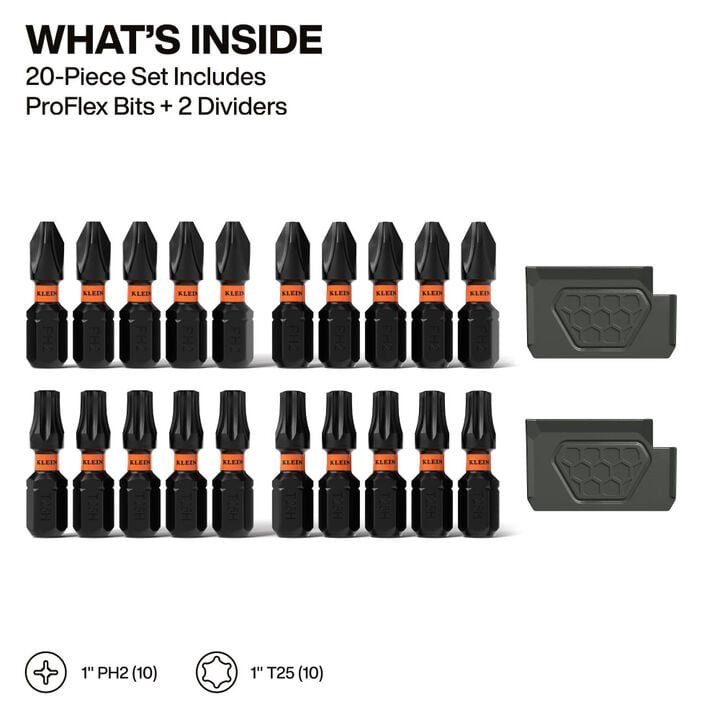 Klein Tools Slim Proflex Impact-Rated Bit Set, Phillips #2 and TORX #25, 20 Pieces, large image number 1