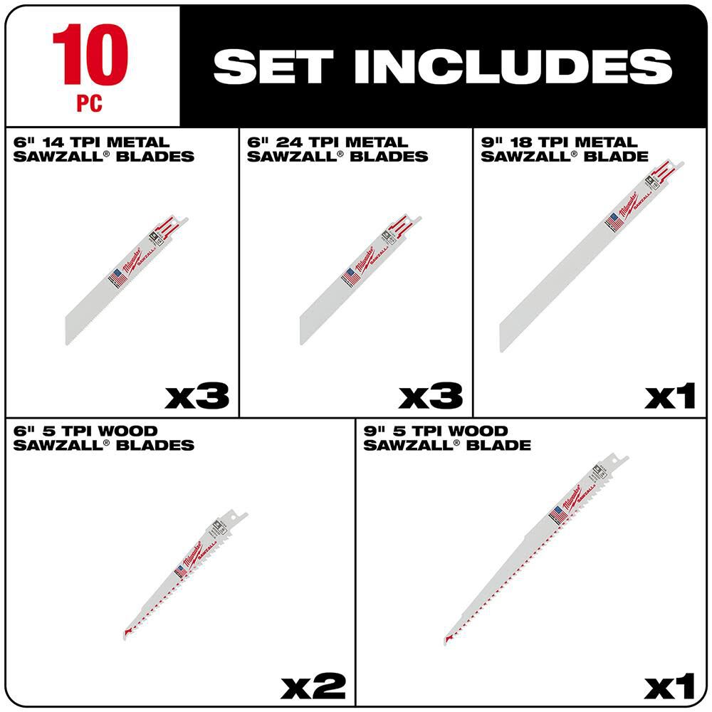 Milwaukee 10 Pc SAWZALL Blade Set 49-22-1110 - Acme Tools