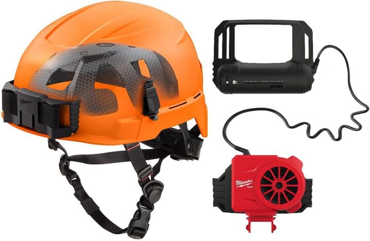 Milwaukee BOLT Orange Safety Helmet with IMPACT ARMOR Liner Type 2 Class E & USB Cooling Fan Bundle, large image number 0