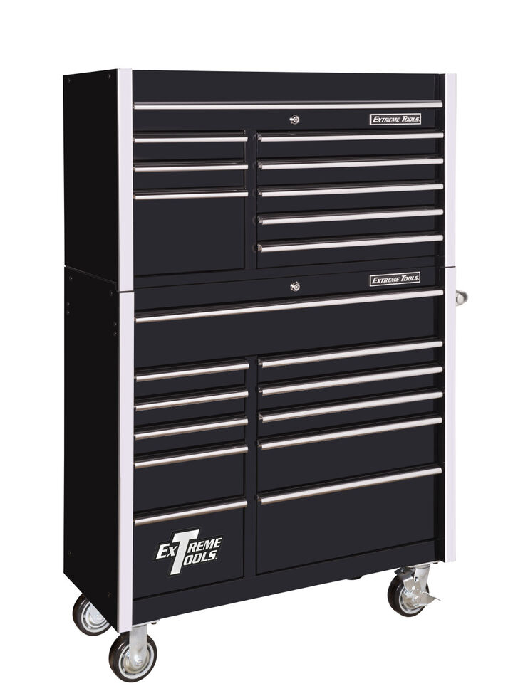 Extreme Tools RX Series 41 Inch W x 25 Inch D 8 Drawer Top Chest and 11 Drawer Roller Cabinet Combo Black with Chrome Drawer Pulls, large image number 1