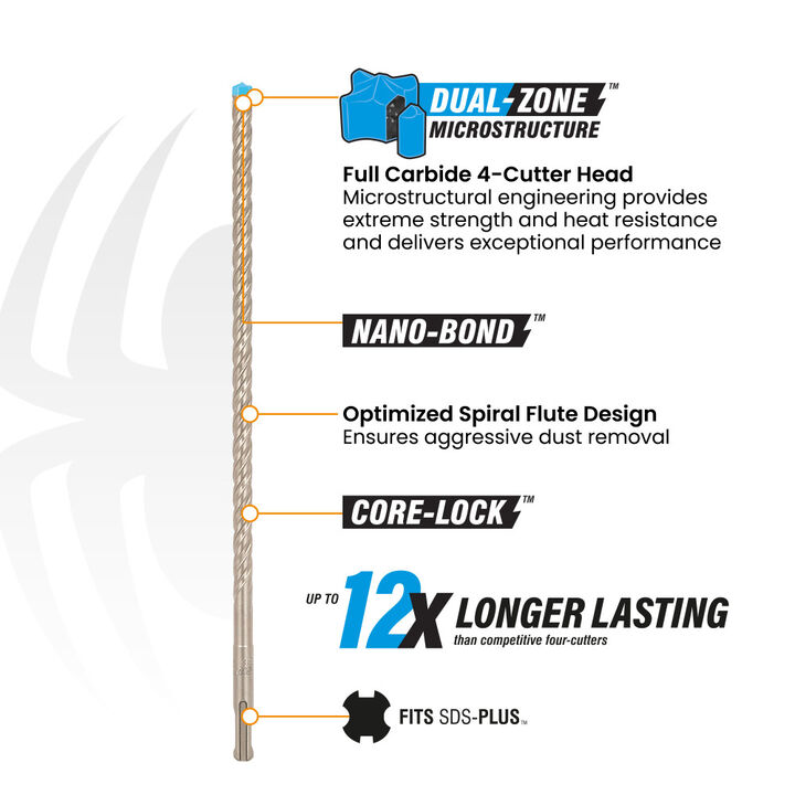 Spyder 1/2 Inch x 12 Inch SDS-Plus Hammer Drill Bit, 4 Full Carbide Cutter, large image number 1