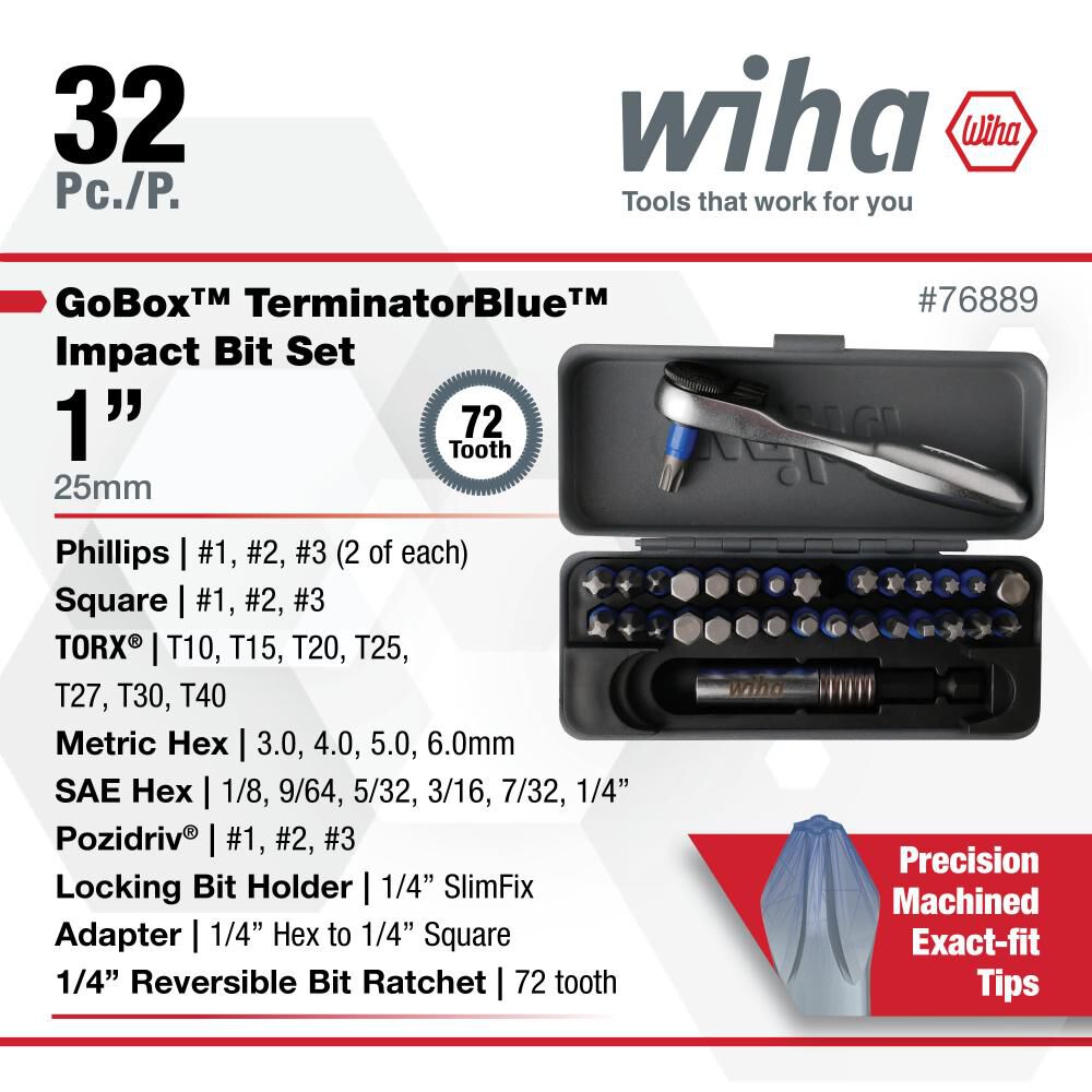 Wiha Impact Bit Set 1/4 in drive x 1 in Bits 32pc, large image number 2