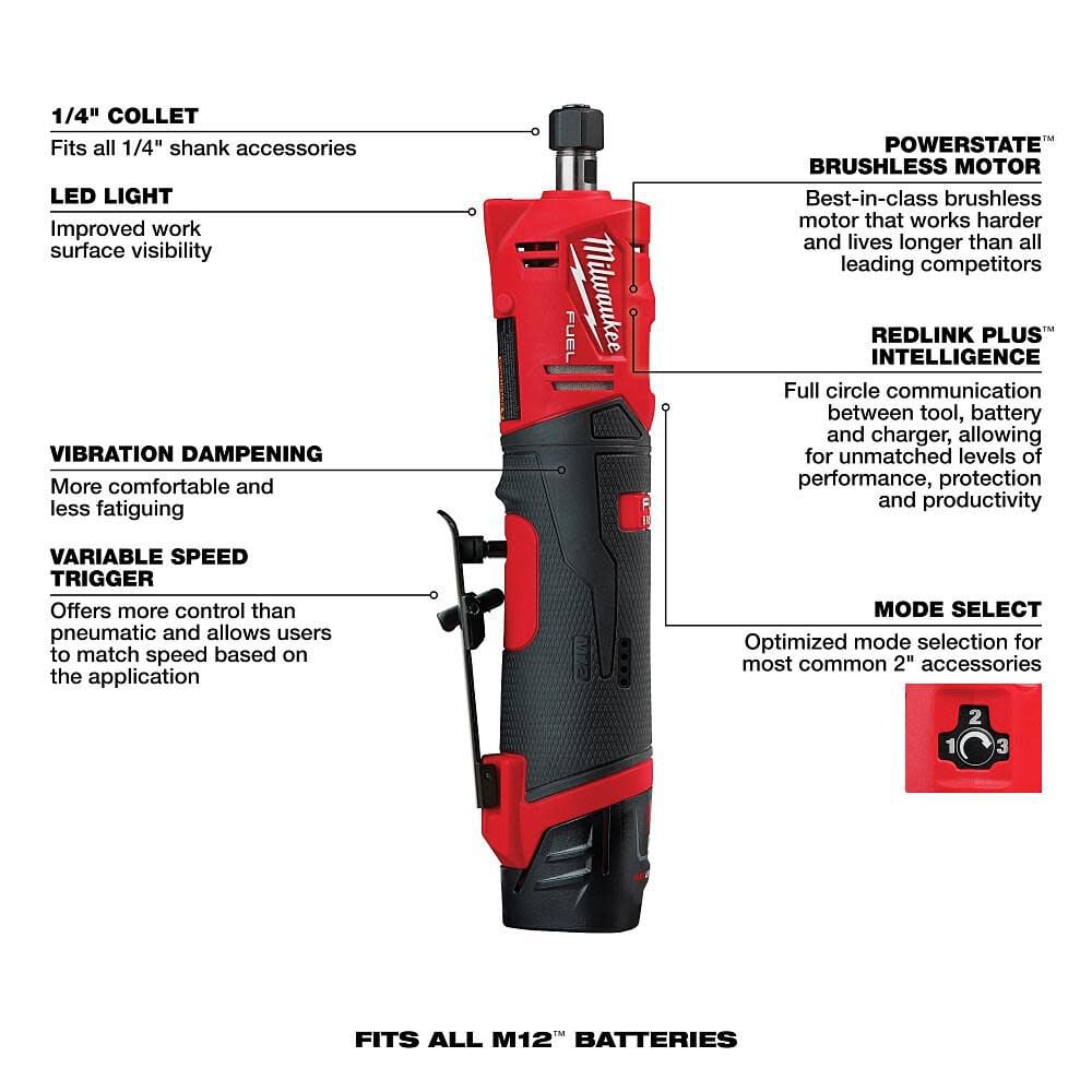 Milwaukee M12 Fuel Straight Die Grinder 2 Battery Kit 2486 22 simolary.com 21 Milwaukee M12 Fuel Straight Die Grinder 2 Battery Kit 2486 22 - Image 2