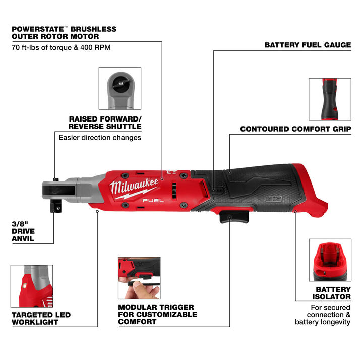 Milwaukee M12 FUEL 3/8 Inch Ratchet (Bare Tool) & Protective Boot Bundle, large image number 6