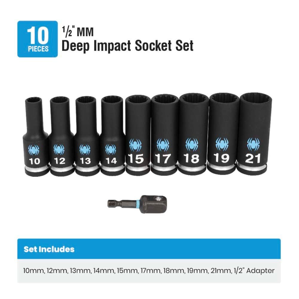 Spyder 1/2 Inch Drive Metric Deep Impact Socket Set with Adapter, 10 Pieces, large image number 7