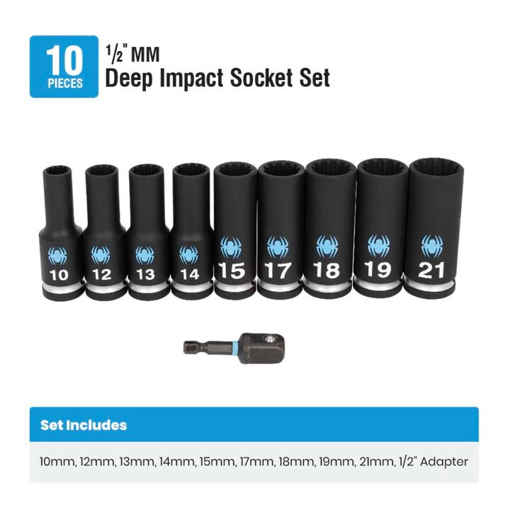 Spyder 1/2 Inch Drive Metric Deep Impact Socket Set with Adapter, 10 Pieces, large image number 6