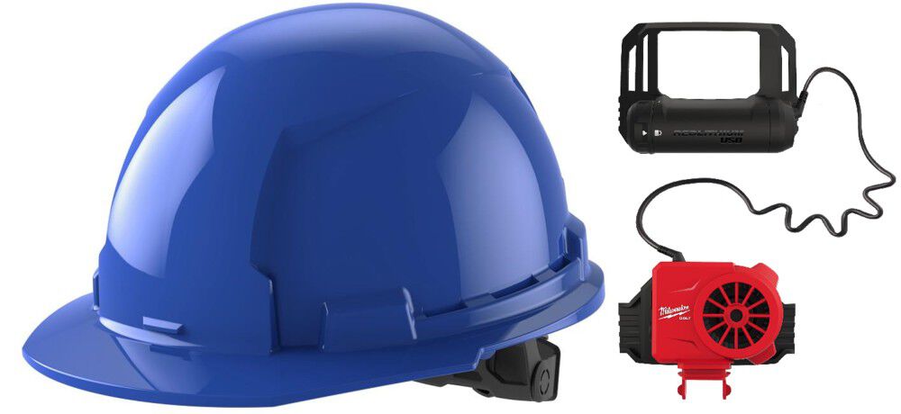 Milwaukee Blue Front Brim Hard Hat with 6pt Ratcheting Suspension Type 1 Class E & BOLT USB Cooling Fan Bundle, large image number 1