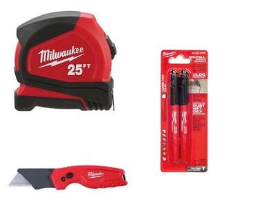 Milwaukee Tape Measure 25' Utility Knife and INKZALL Marker 2pk Bundle