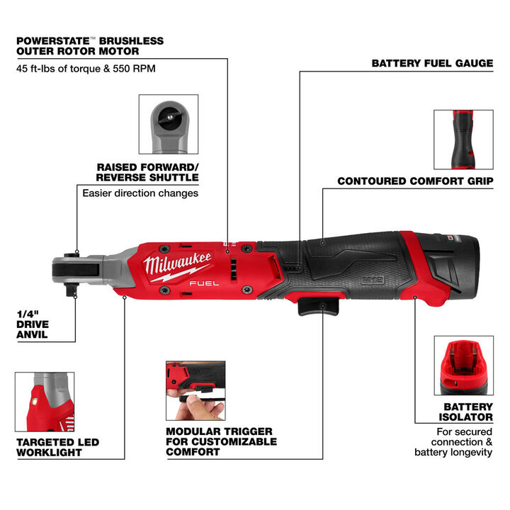 Milwaukee M12 FUEL 1/4 Inch Ratchet Kit & Protective Boot Bundle, large image number 6