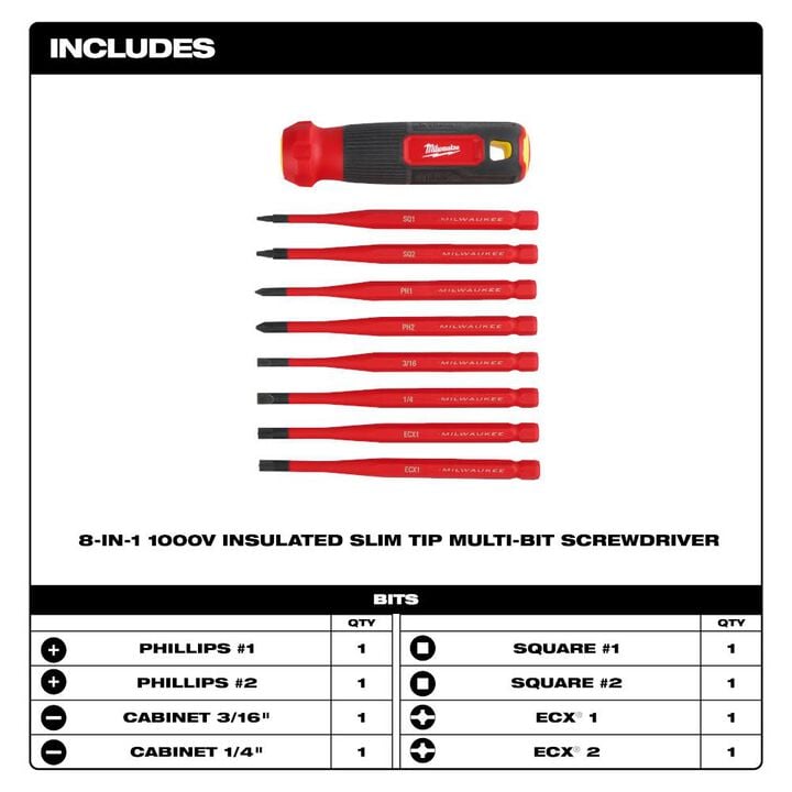 Milwaukee 8-in-1 1000V Insulated Slim Tip Multi-Bit Screwdriver, large image number 1
