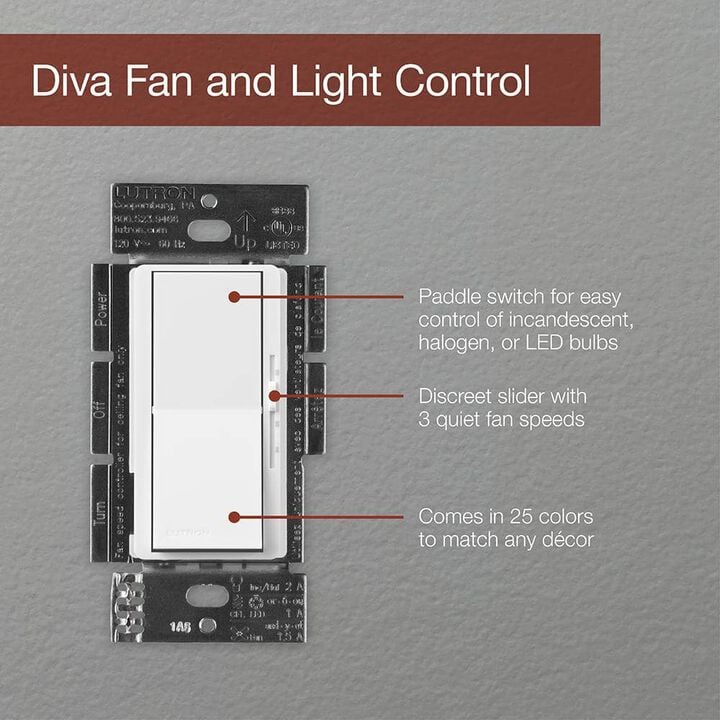Lutron Diva 120VAC 1.5A 1P Gloss White 3-Speed Rocker Fan Control, large image number 2