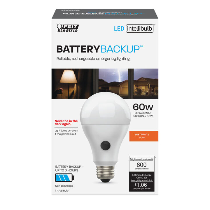 Feit Electric 60W A21 2700K Battery Backup LED Bulb 1pk, large image number 1
