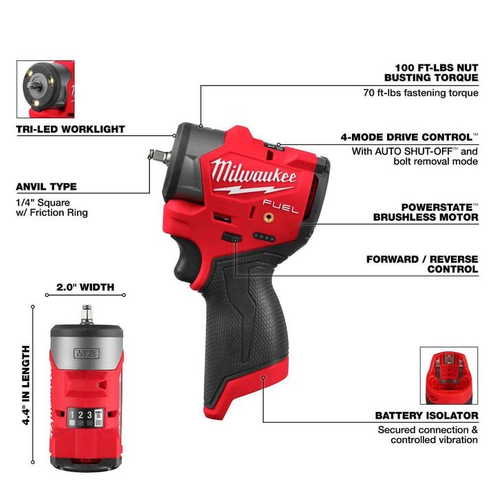 Milwaukee M12 FUEL 1/4 Inch Subcompact Impact Wrench with Friction Ring (Bare Tool), large image number 2