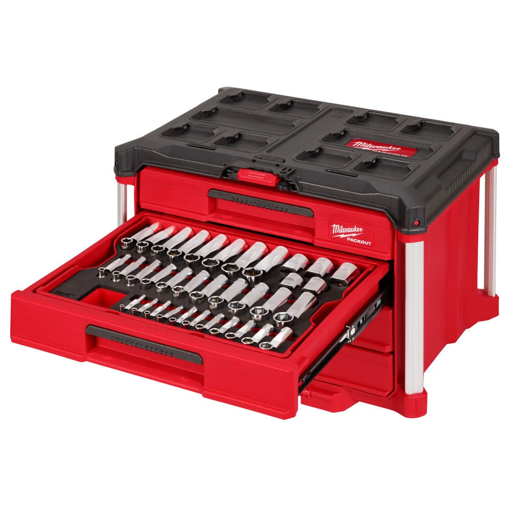 Milwaukee 1/4 Inch, 3/8 Inch, and 1/2 Inch Drive Metric and SAE Ratchet and Socket Set with PACKOUT 4-Drawer Tool Box, 242 Pieces, large image number 1