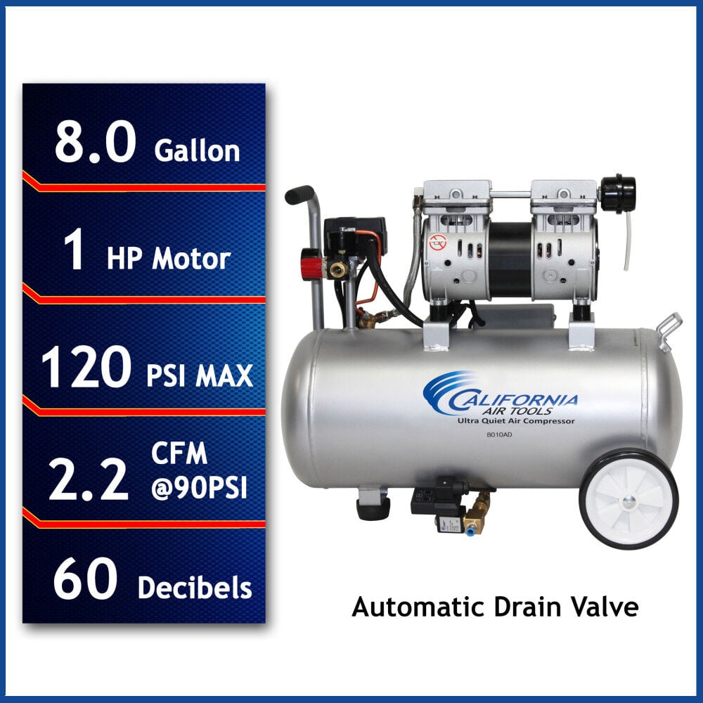 California Air Tools Ultra Quiet Oil-Free Corded 1HP 8 Gallon Steel Tank Air Compressor with Automatic Drain Valve, large image number 2