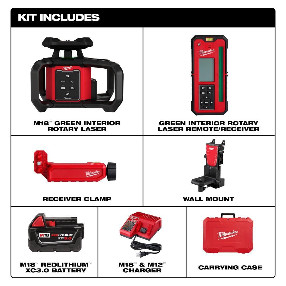 Milwaukee M18 Green Interior Rotary Laser Level Kit with Remote/Receiver & Wall Mount Bracket, large image number 3