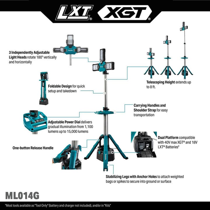 Makita 40V max XGT & 18V LXT LithiumIon Cordless Tower Work MultiDirectional Light (Bare Tool), large image number 1