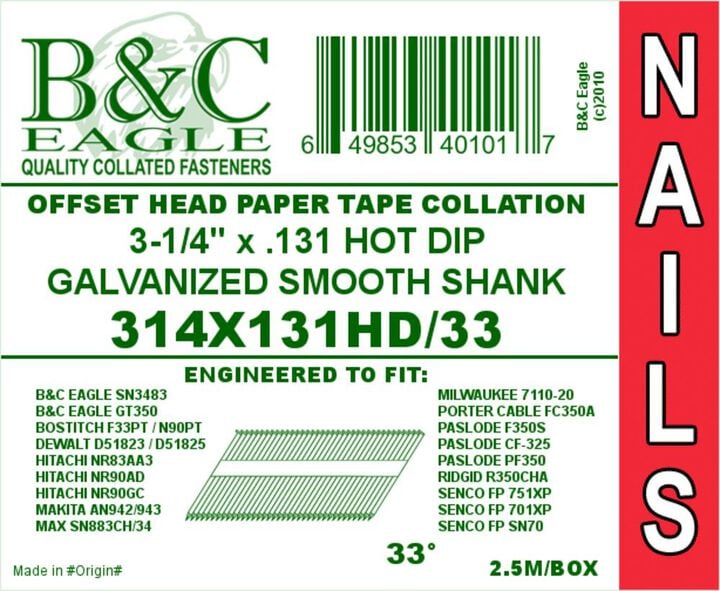 B and C Eagle Framing Nails 3 1/4 x .131 2500qty, large image number 1