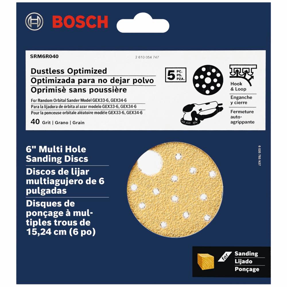 Bosch Multi Hole Hook and Loop Sanding Discs 6in 40 Grit 5pc