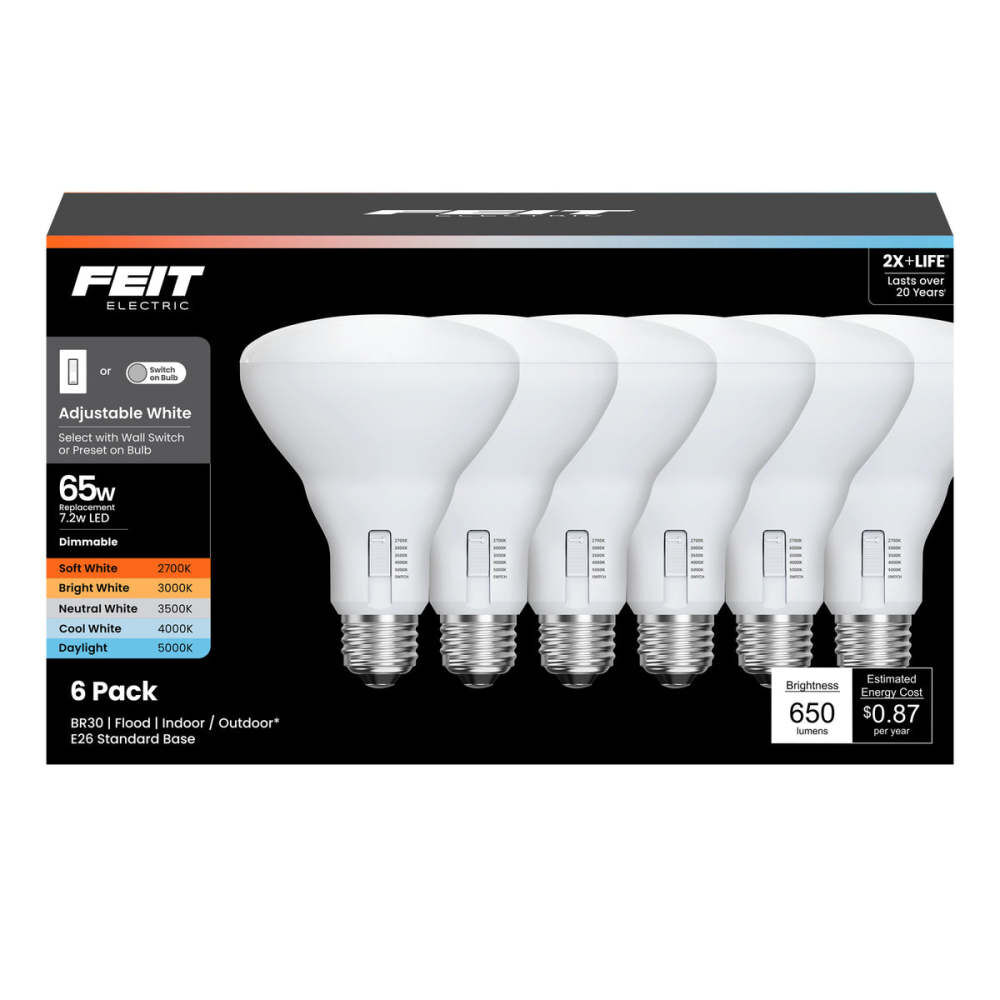 Feit Electric 7.2W 650 Lumens BR30 E26 Reflector LED Bulb Adjustable White 6 Pieces – 3018669