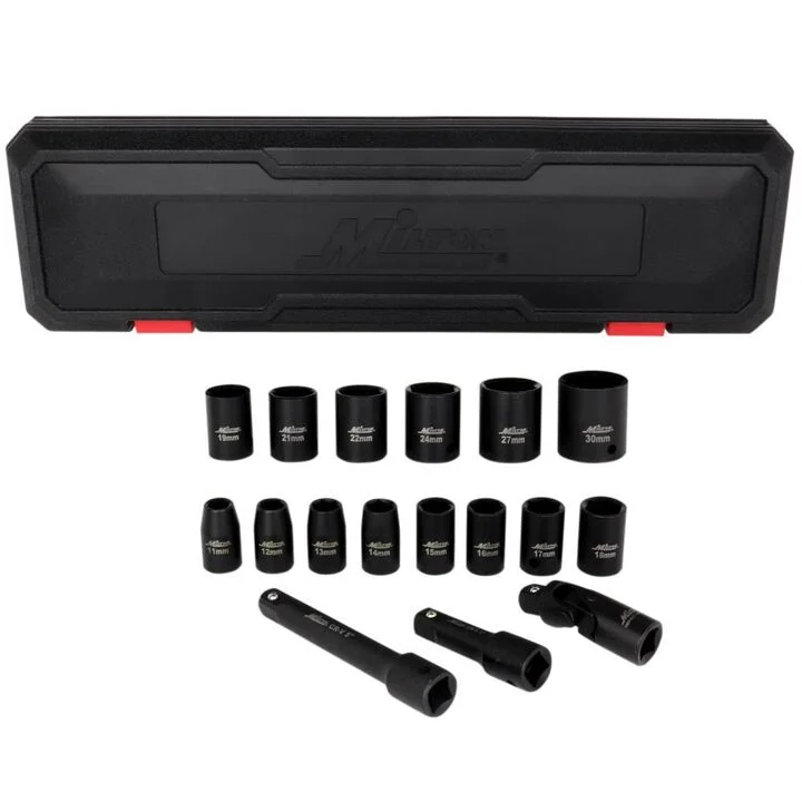 Milton 1/2 Drive Shallow 6-Point Impact Socket Set 11-30mm Metric Steel Coated Black Oxide Finish with Universal Joint & Extension Bars 17pc
