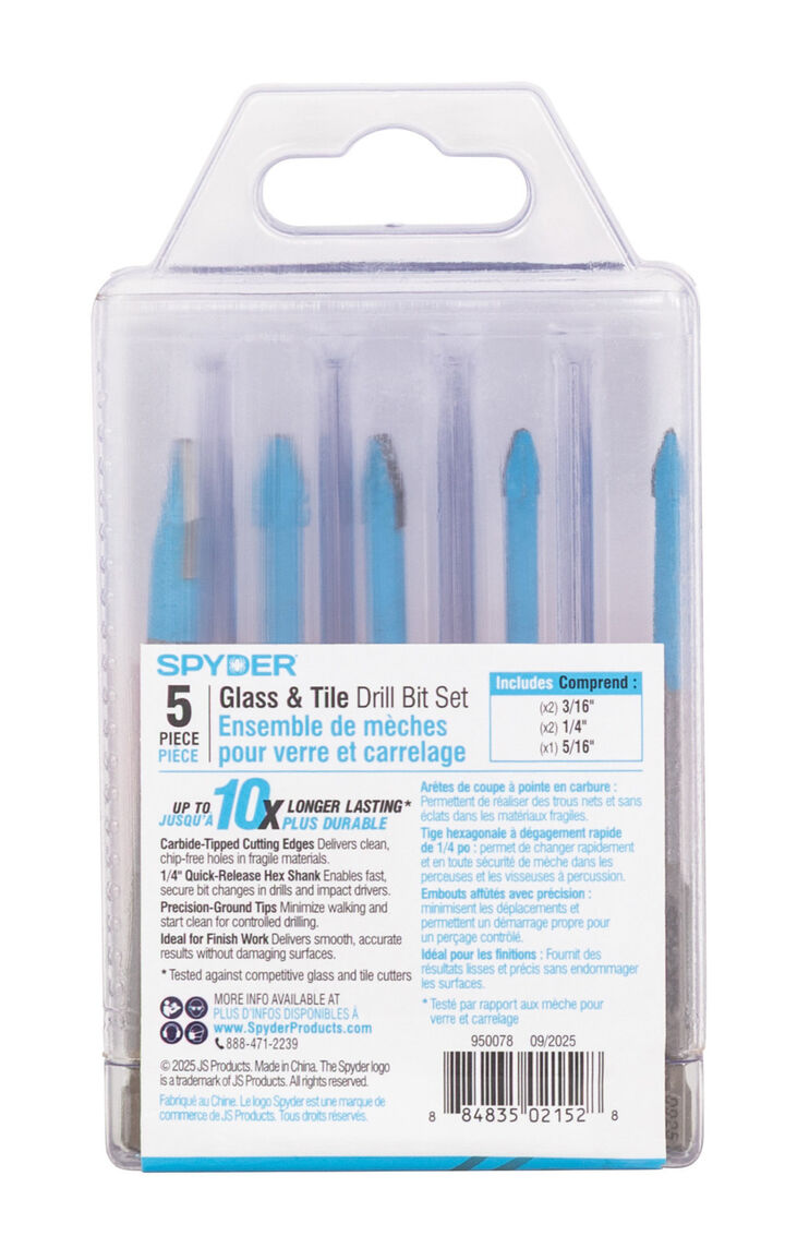 Spyder 3.5 Inch Tile & Glass Drill Bit Set, Carbide-Tipped, 5 Pieces, large image number 9
